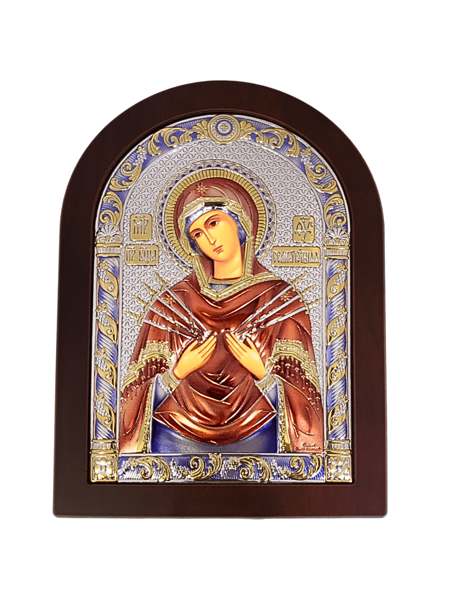 Adorno Italiano de Prata ícone Nossa Senhora das Dores Colorido 14 cm x 19,5 cm-TerraCotta Arte Sacra