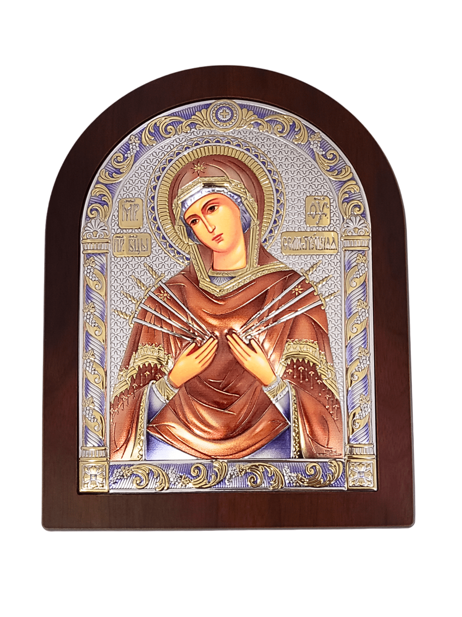 Adorno Italiano de Prata ícone Nossa Senhora das Dores Colorido 17 cm x 22,5 cm-TerraCotta Arte Sacra