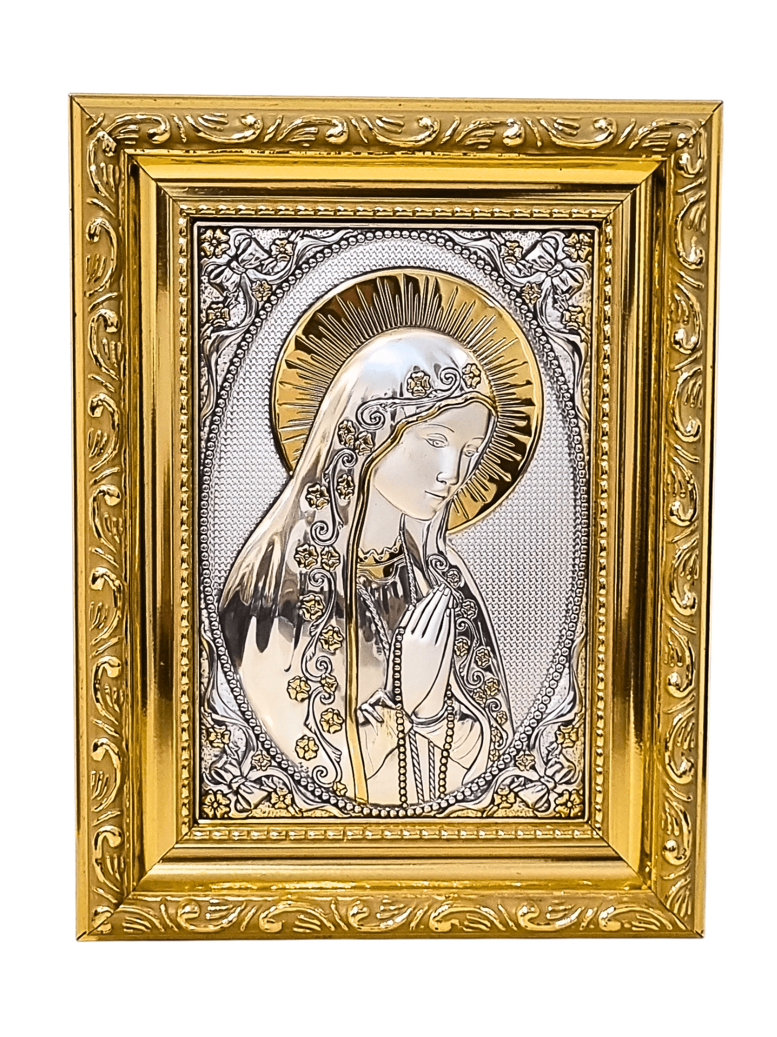 Adorno Italiano em Prata com Dourado Nossa Senhora de Fátima 21 x 16 cm-TerraCotta Arte Sacra