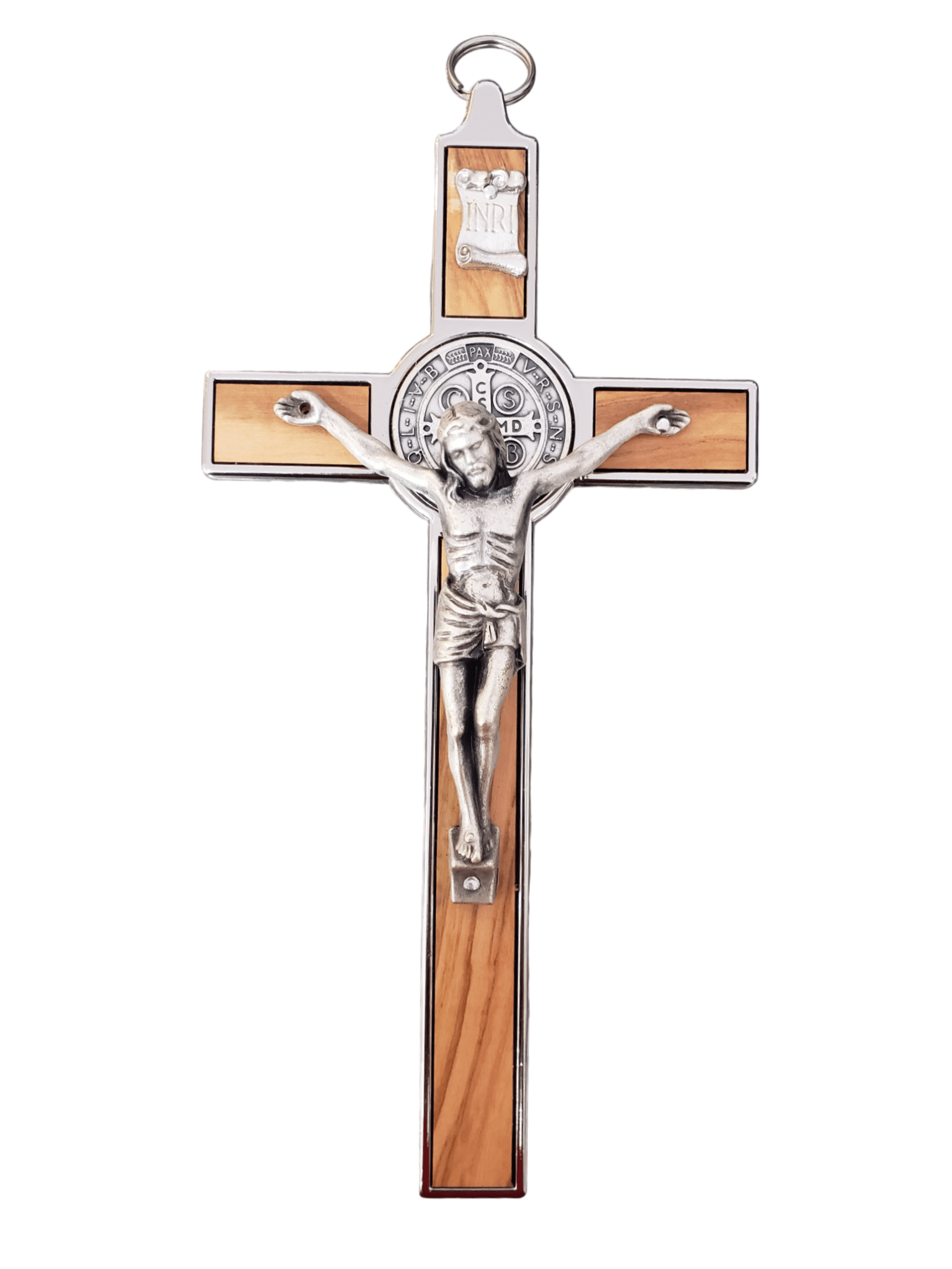 Crucifixo São Bento em Metal e Madeira de Oliveira-TerraCotta Arte Sacra