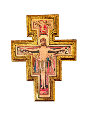 Cruz de São Damião Italiana em Madeira 13 x 10 cm-TerraCotta Arte Sacra