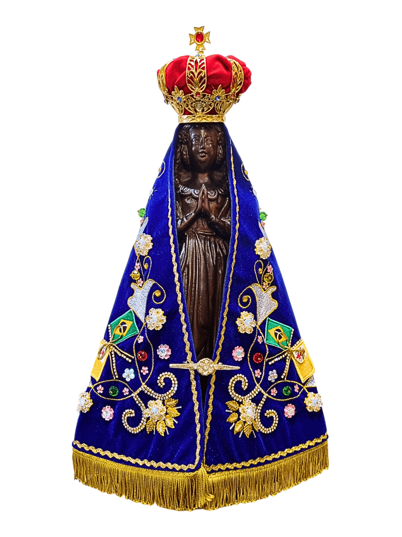 Imagem de Nossa Senhora Aparecida Fac-Símile em Madeira com Manto Oficial Flor Branca 45 cm-TerraCotta Arte Sacra