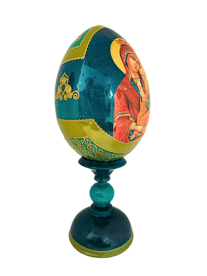 Ovo Russo em Madeira Fabergé Ícone Mãe de Deus "Acalme Minhas Dores" 20 cm-TerraCotta Arte Sacra