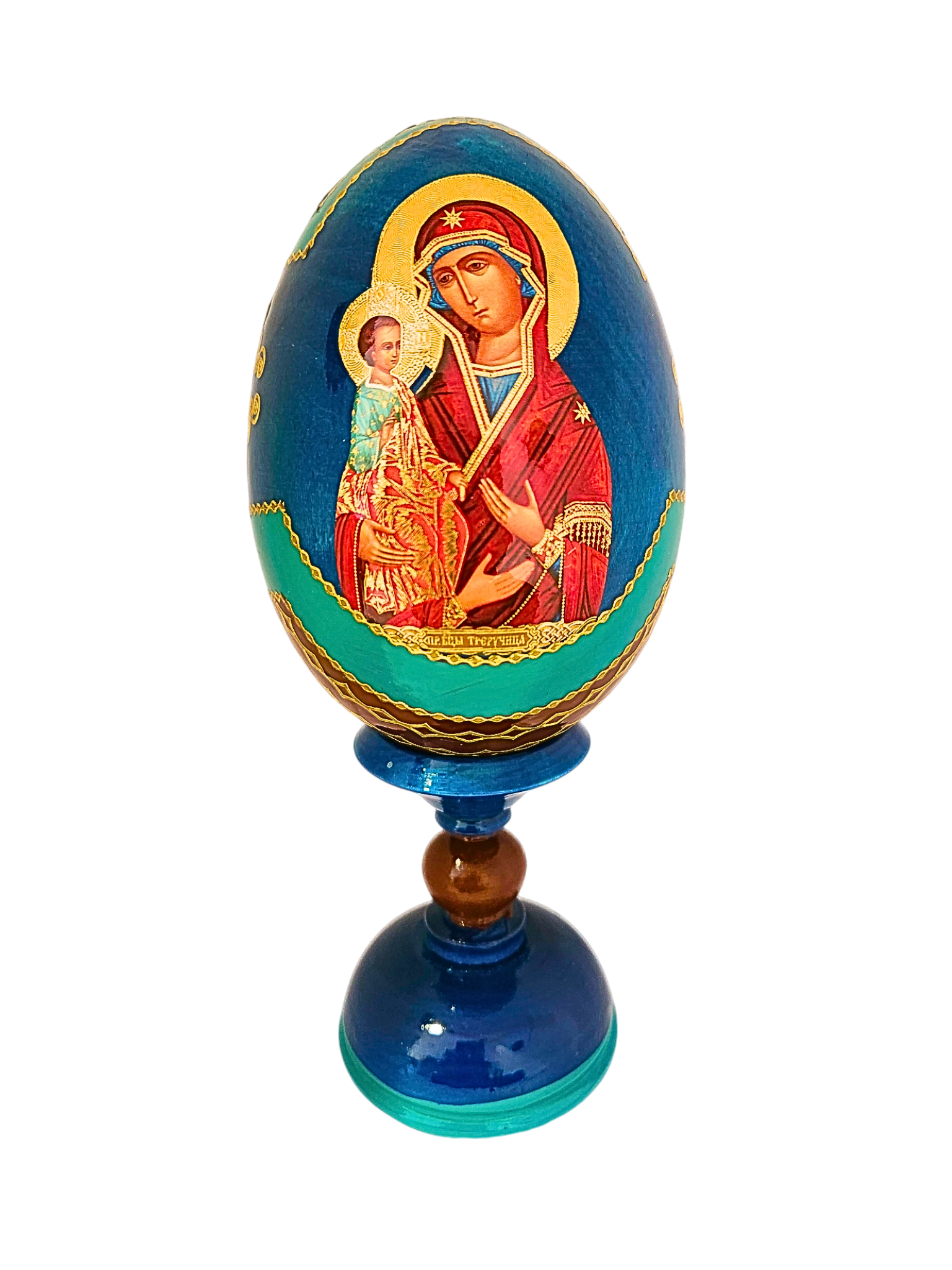 Ovo Russo em Madeira Fabergé Ícone Mãe de Deus das Três Mãos 16 cm-TerraCotta Arte Sacra