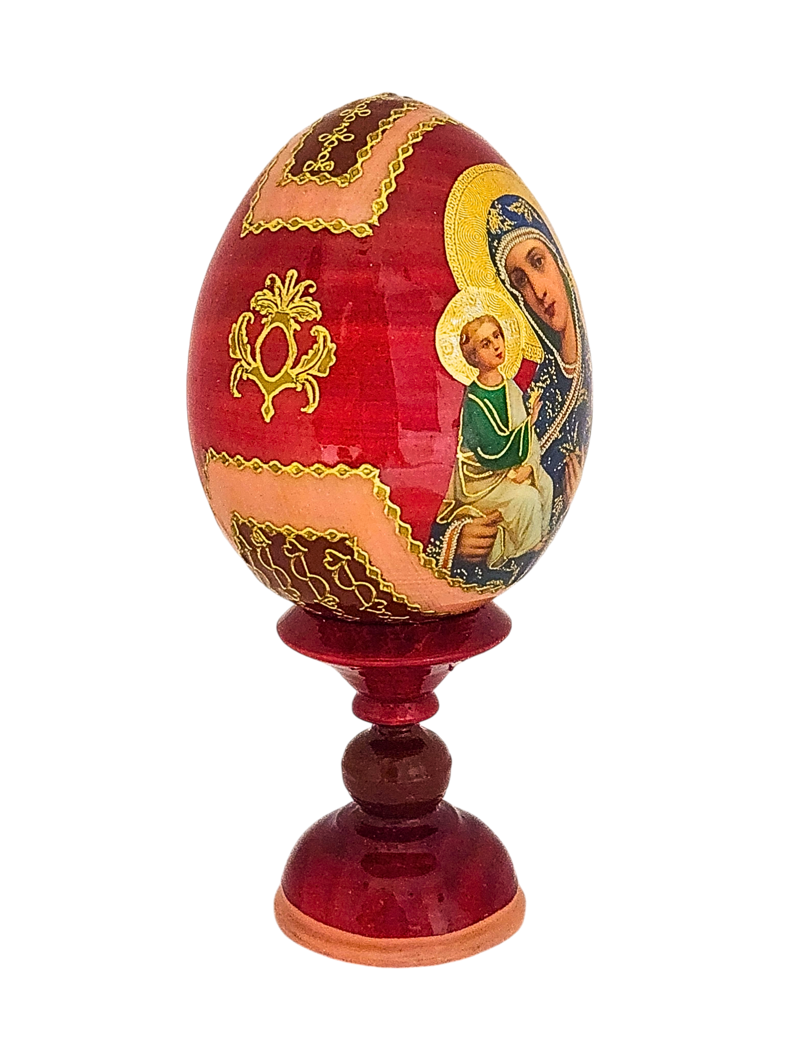 Ovo Russo em Madeira Fabergé Ícone Mãe de Deus de Jerusalém 13 cm-TerraCotta Arte Sacra