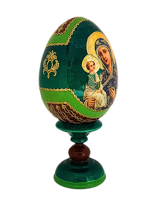 Ovo Russo em Madeira Fabergé Ícone Mãe de Deus de Jerusalém 13 cm-TerraCotta Arte Sacra