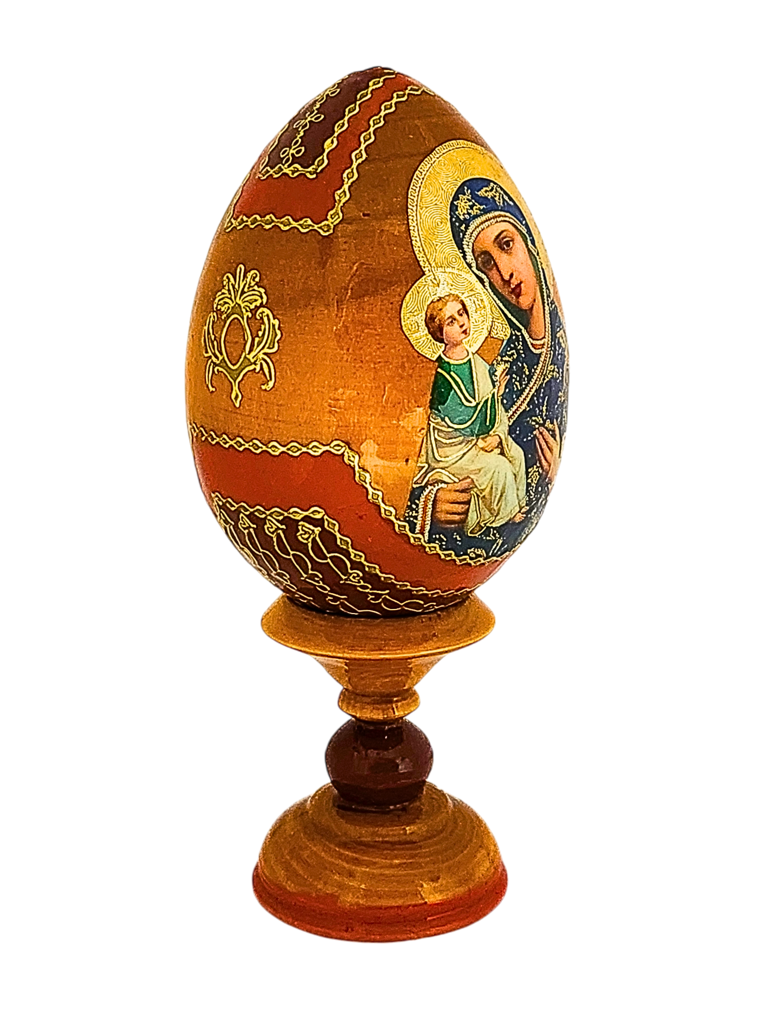 Ovo Russo em Madeira Fabergé Ícone Mãe de Deus de Jerusalém 13 cm-TerraCotta Arte Sacra