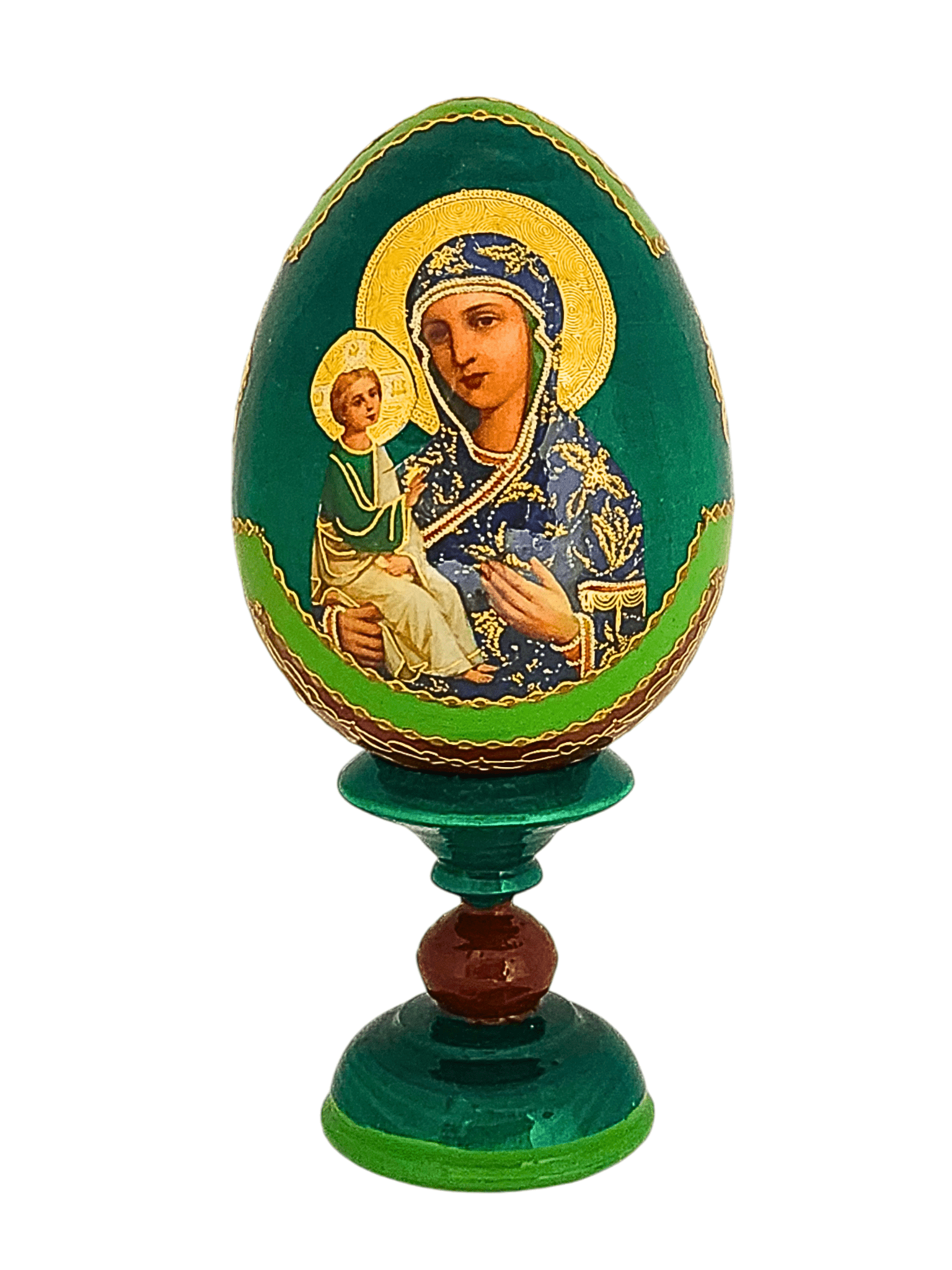 Ovo Russo em Madeira Fabergé Ícone Mãe de Deus de Jerusalém 13 cm-TerraCotta Arte Sacra