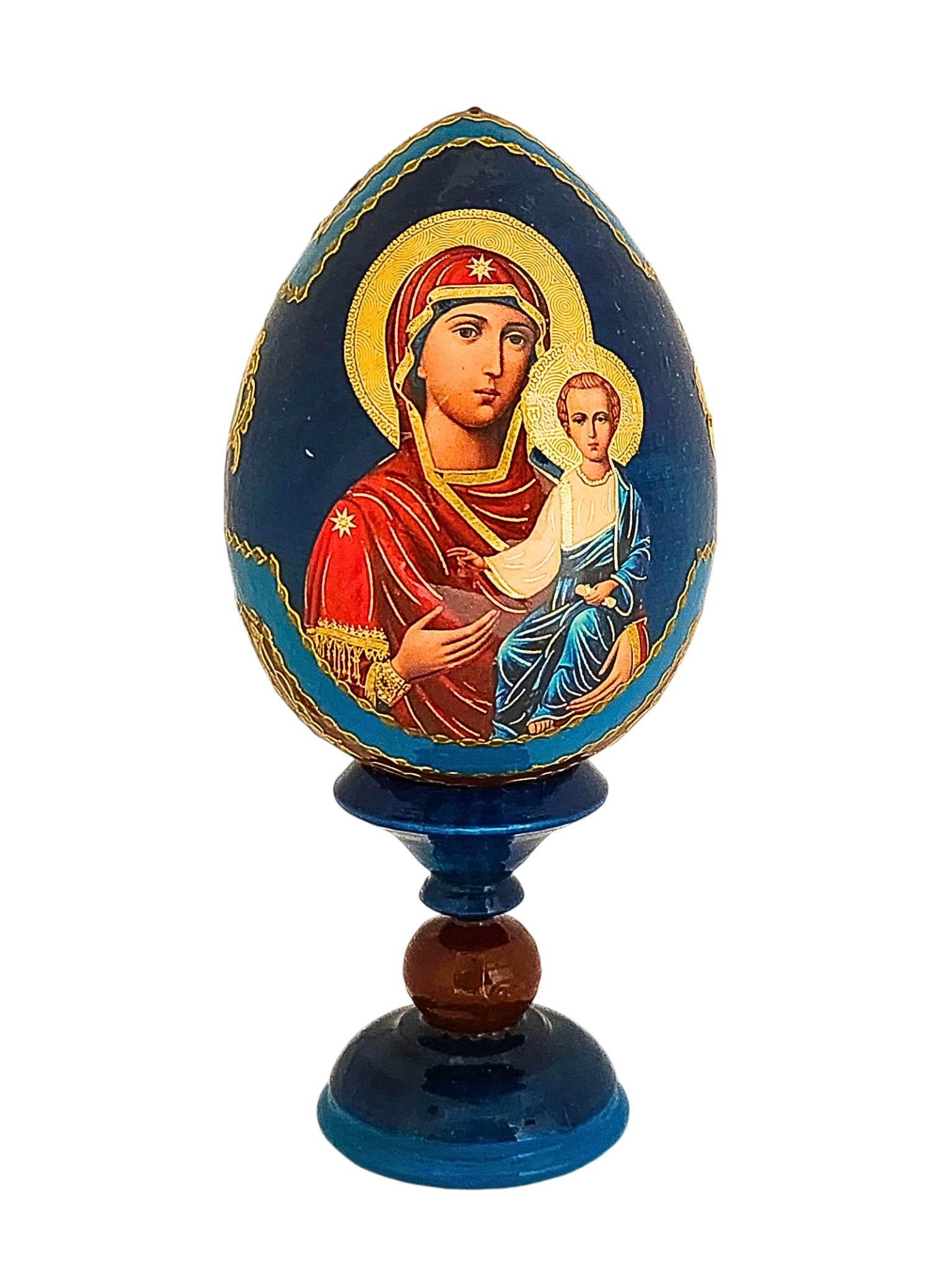 Ovo Russo em Madeira Fabergé Ícone Mãe de Deus de Jerusalém 13 cm-TerraCotta Arte Sacra