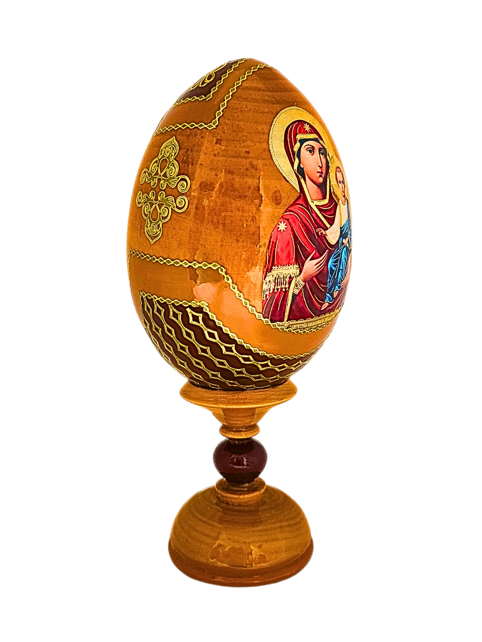 Ovo Russo em Madeira Fabergé Ícone Mãe de Deus de Jerusalém 16 cm-TerraCotta Arte Sacra