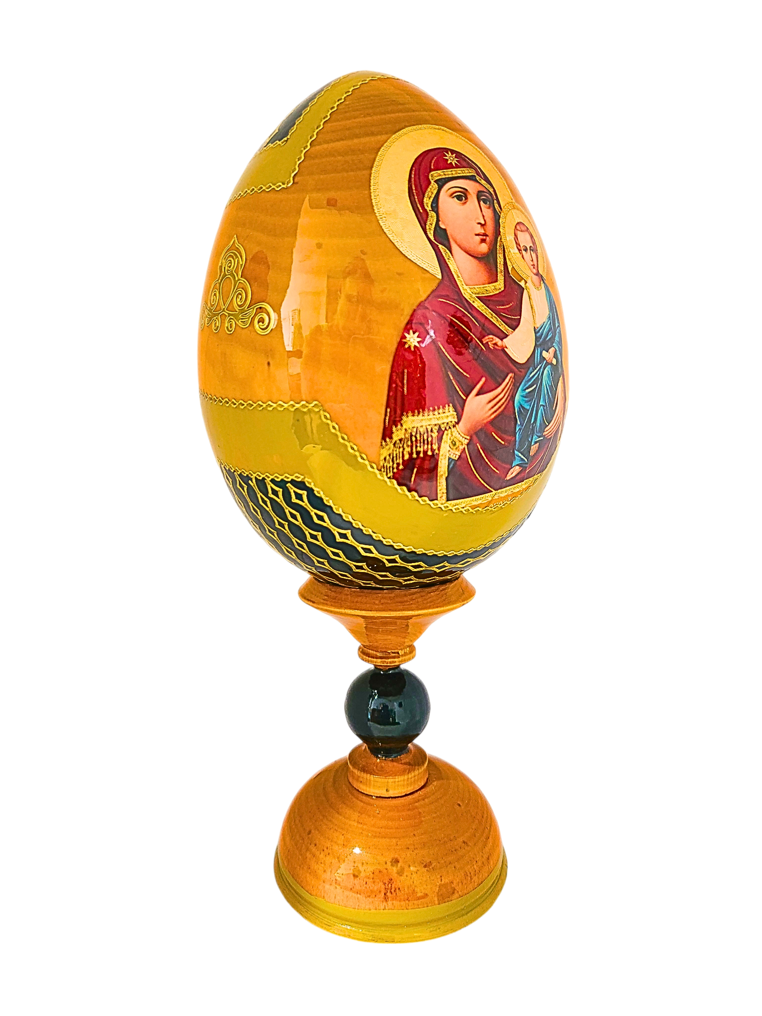 Ovo Russo em Madeira Fabergé Ícone Mãe de Deus de Jerusalém 20 cm-TerraCotta Arte Sacra