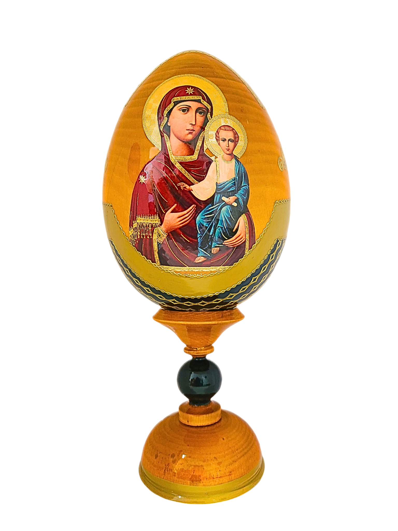 Ovo Russo em Madeira Fabergé Ícone Mãe de Deus de Jerusalém 20 cm-TerraCotta Arte Sacra