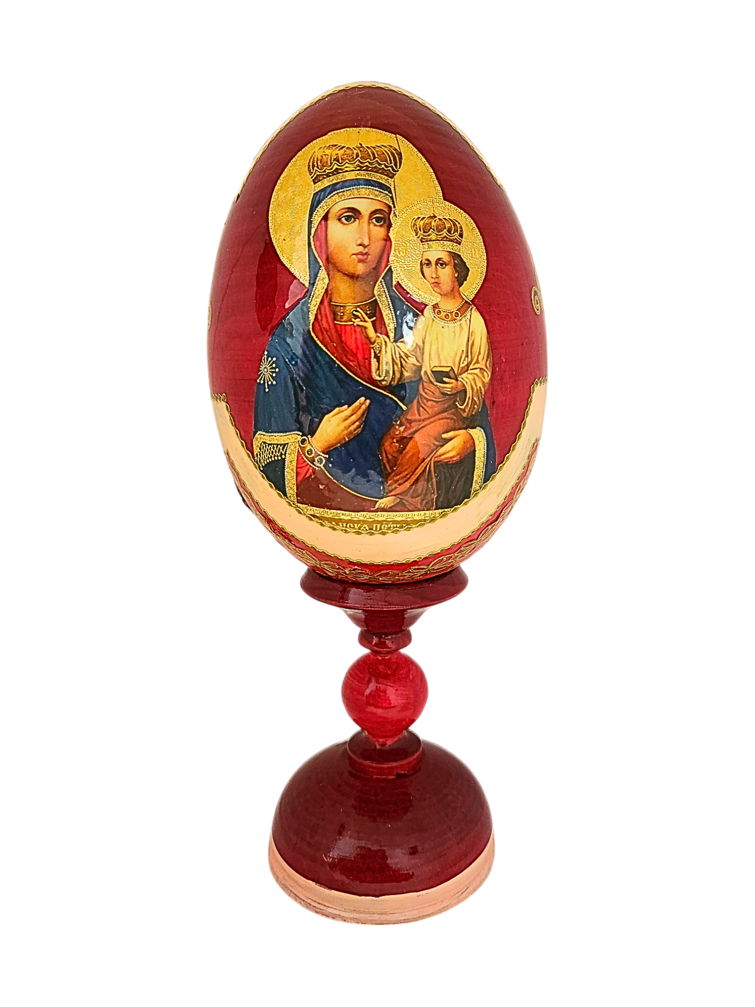 Ovo Russo em Madeira Fabergé Ícone Mãe de Deus de Jerusalém 20 cm-TerraCotta Arte Sacra