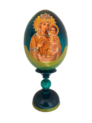 Ovo Russo em Madeira Fabergé Ícone Mãe de Deus de Jerusalém 20 cm-TerraCotta Arte Sacra