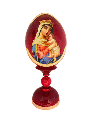 Ovo Russo em Madeira Fabergé Ícone Nossa Senhora Mãe de Deus 20 cm-TerraCotta Arte Sacra