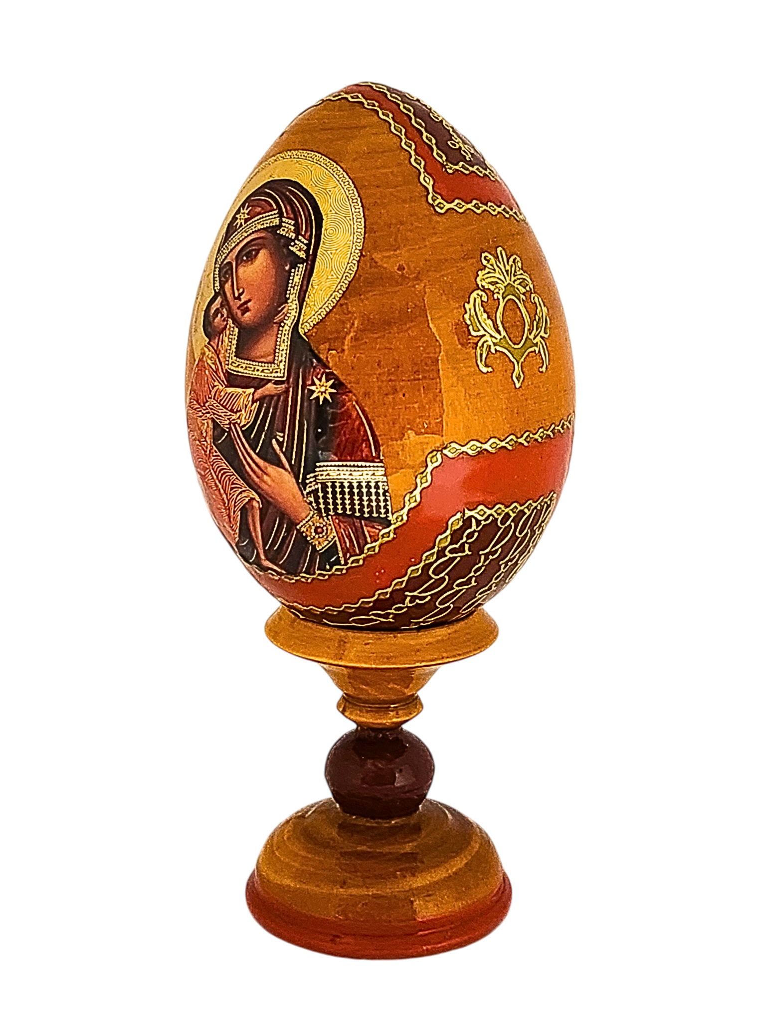 Ovo Russo em Madeira Fabergé Ícone Nossa Senhora da Ternura 13 cm-TerraCotta Arte Sacra