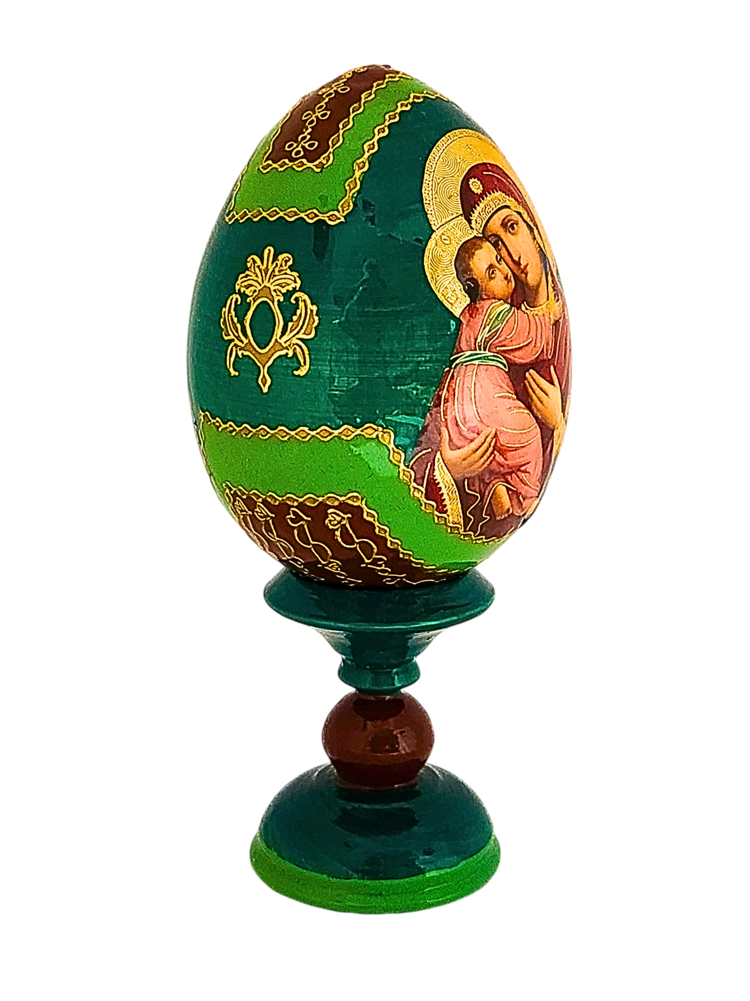 Ovo Russo em Madeira Fabergé Ícone Nossa Senhora da Ternura 13 cm-TerraCotta Arte Sacra