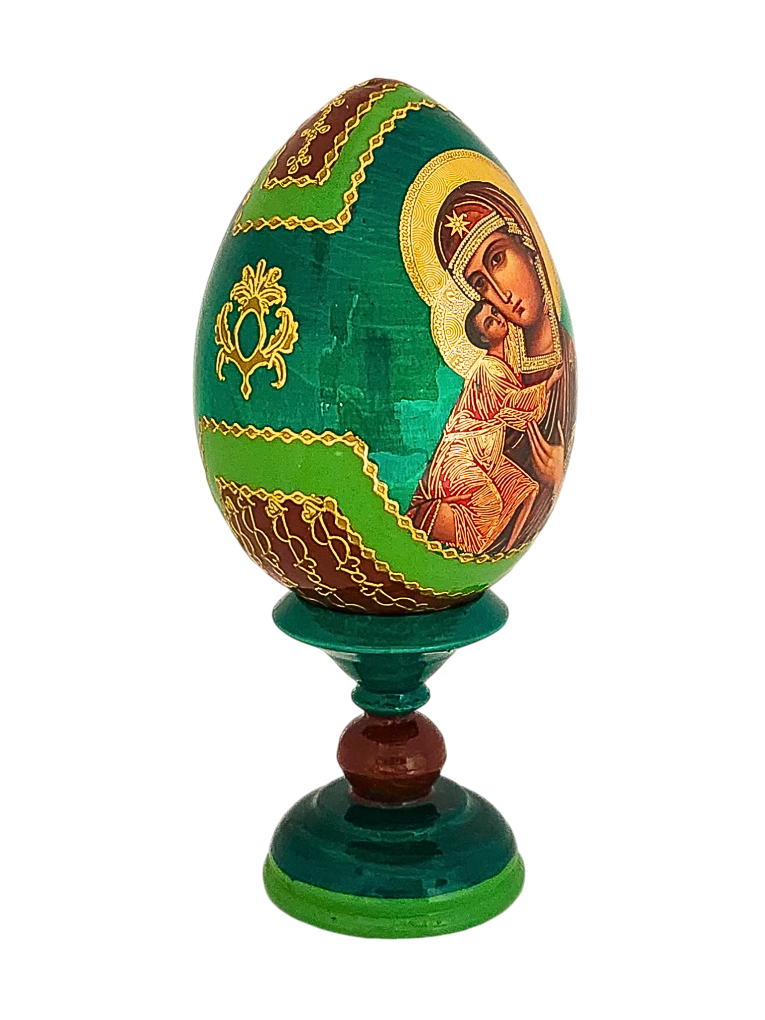 Ovo Russo em Madeira Fabergé Ícone Nossa Senhora da Ternura 13 cm-TerraCotta Arte Sacra