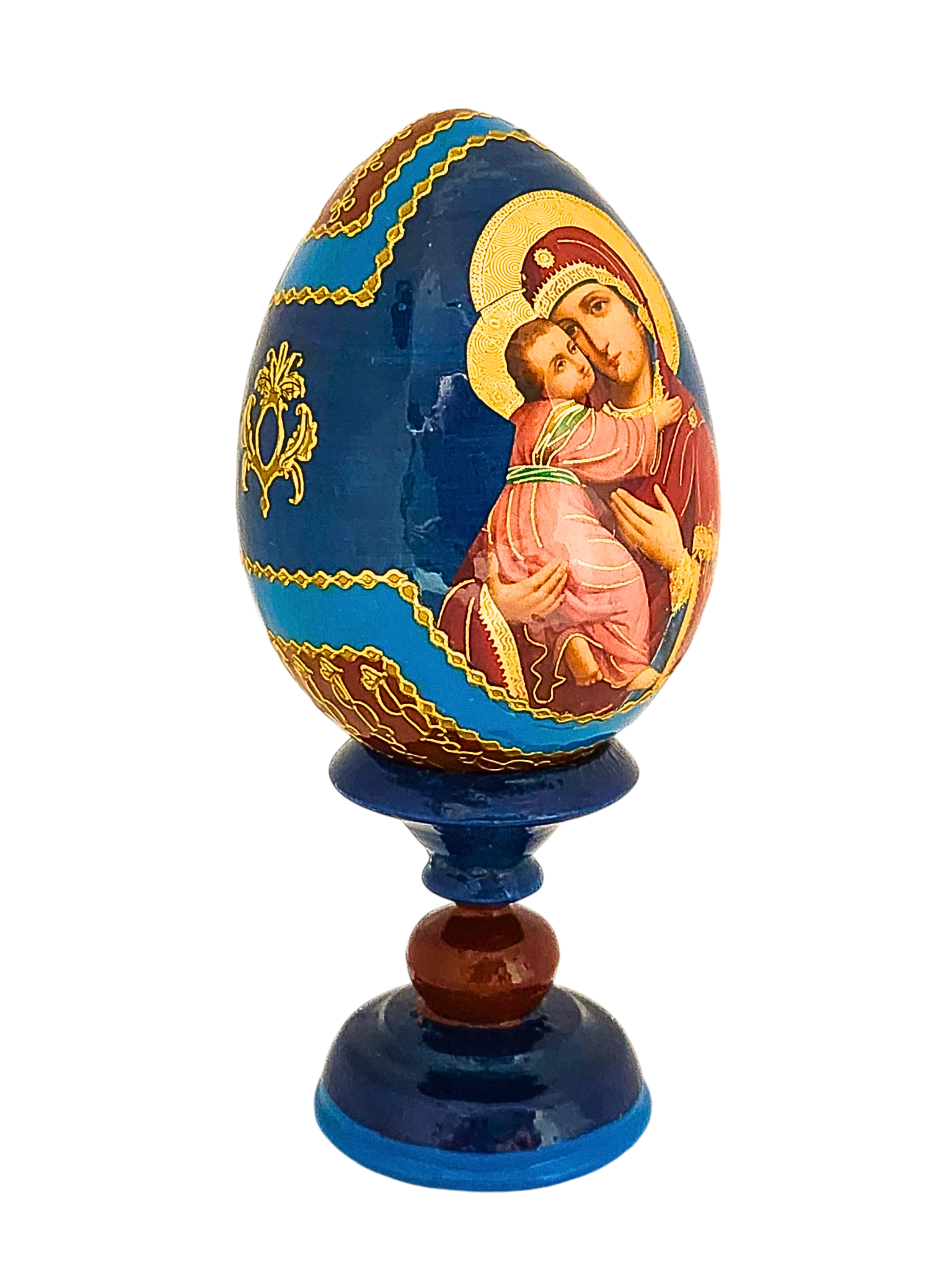 Ovo Russo em Madeira Fabergé Ícone Nossa Senhora da Ternura 13 cm-TerraCotta Arte Sacra