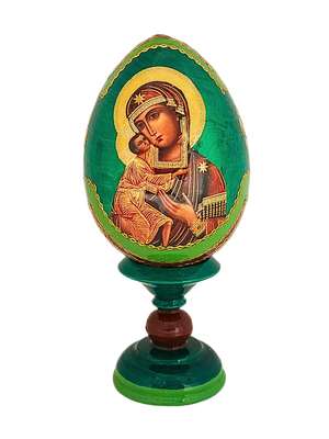 Ovo Russo em Madeira Fabergé Ícone Nossa Senhora da Ternura 13 cm-TerraCotta Arte Sacra