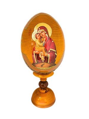 Ovo Russo em Madeira Fabergé Ícone Nossa Senhora da Ternura 16 cm-TerraCotta Arte Sacra