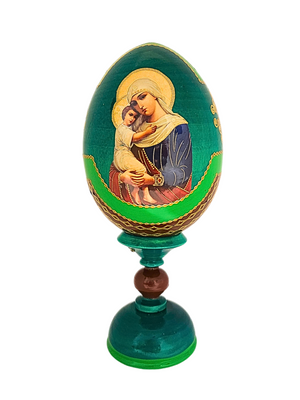 Ovo Russo em Madeira Fabergé Ícone Nossa Senhora da Ternura 16 cm-TerraCotta Arte Sacra