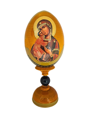 Ovo Russo em Madeira Fabergé Ícone Nossa Senhora da Ternura 20 cm-TerraCotta Arte Sacra