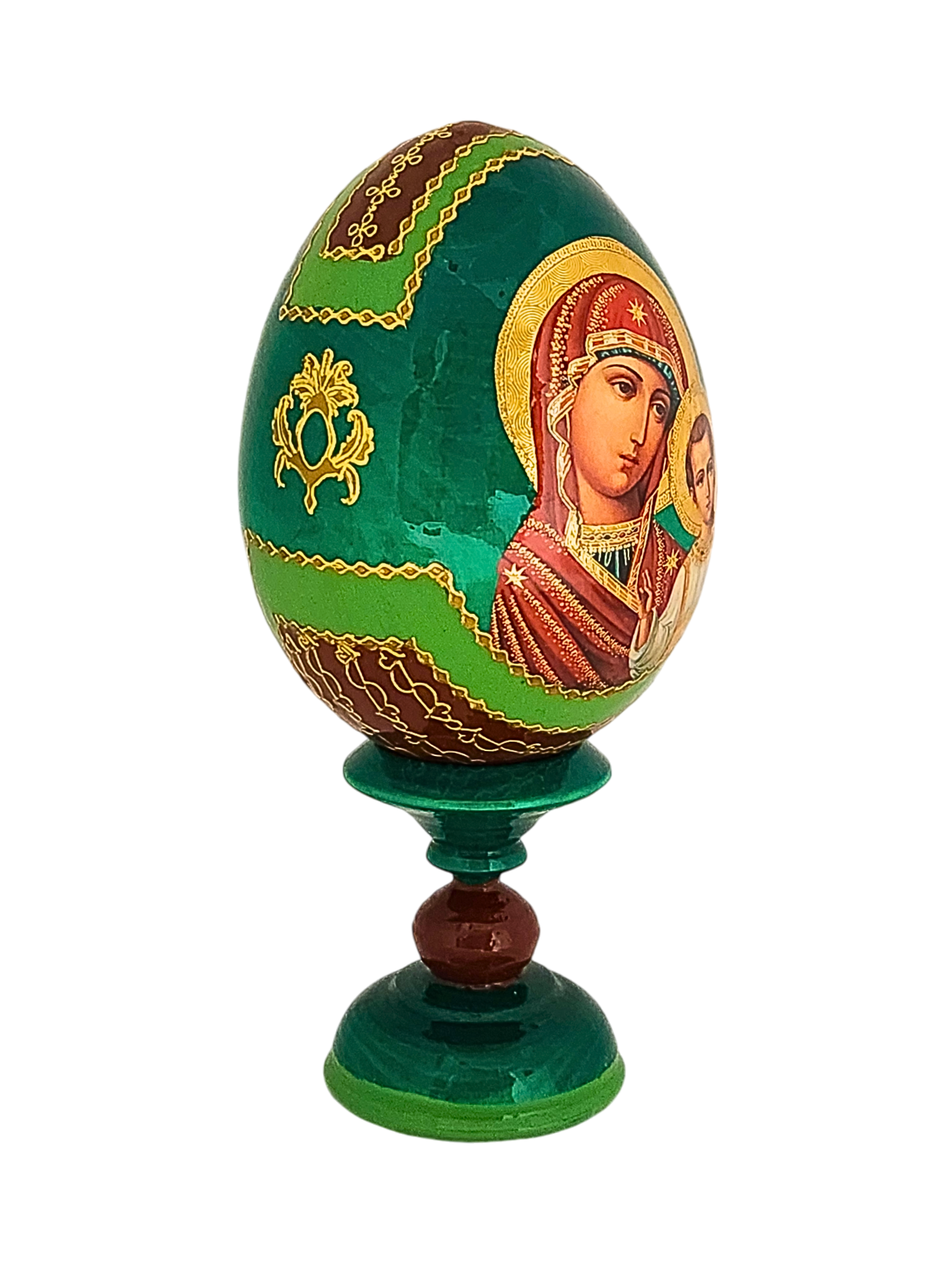 Ovo Russo em Madeira Fabergé Ícone Nossa Senhora de Kazan 13 cm-TerraCotta Arte Sacra