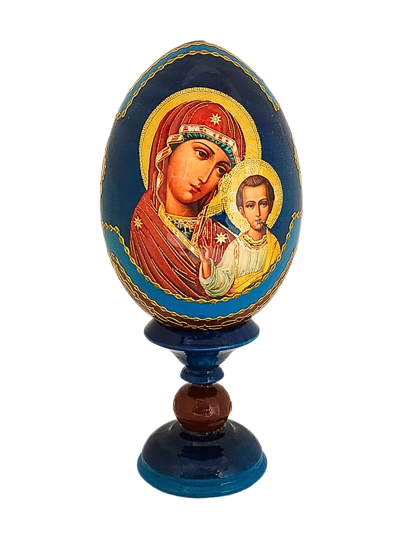 Ovo Russo em Madeira Fabergé Ícone Nossa Senhora de Kazan 13 cm-TerraCotta Arte Sacra