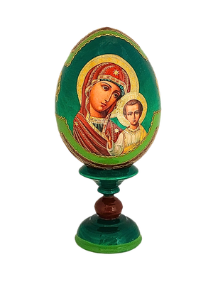 Ovo Russo em Madeira Fabergé Ícone Nossa Senhora de Kazan 13 cm-TerraCotta Arte Sacra