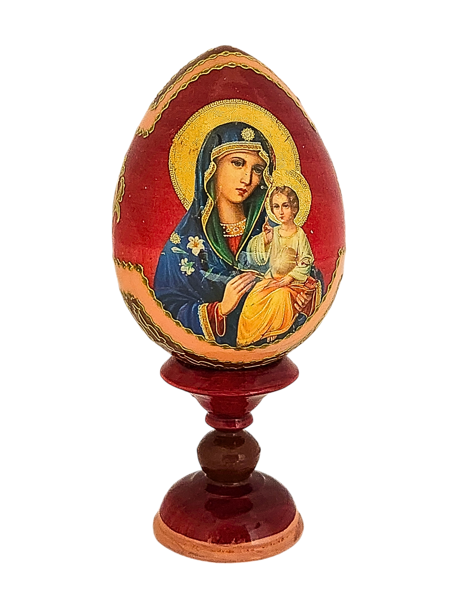 Ovo Russo em Madeira Fabergé Ícone Nossa Senhora do Lírio 13 cm-TerraCotta Arte Sacra