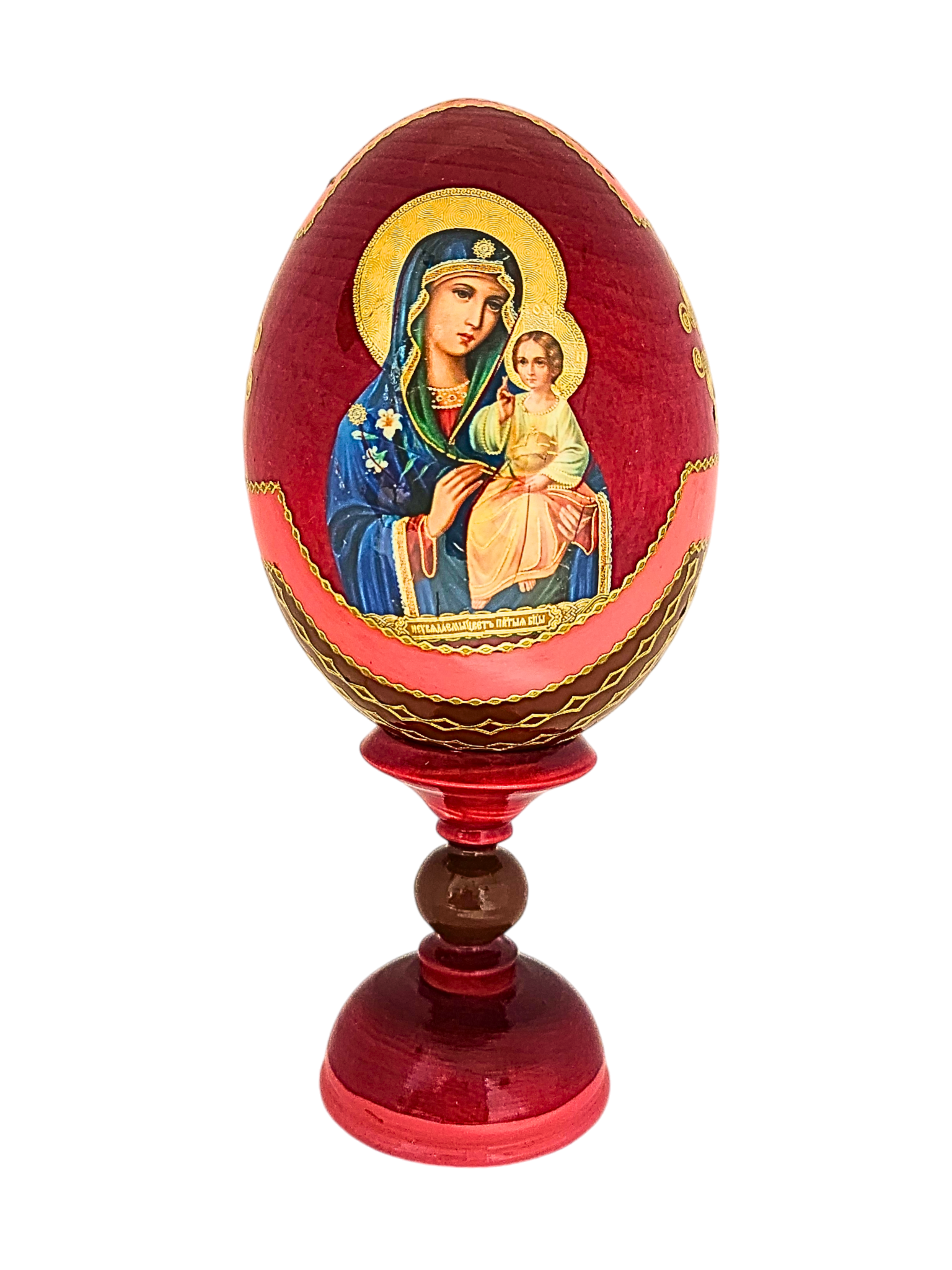 Ovo Russo em Madeira Fabergé Ícone Nossa Senhora do Lírio 16 cm-TerraCotta Arte Sacra