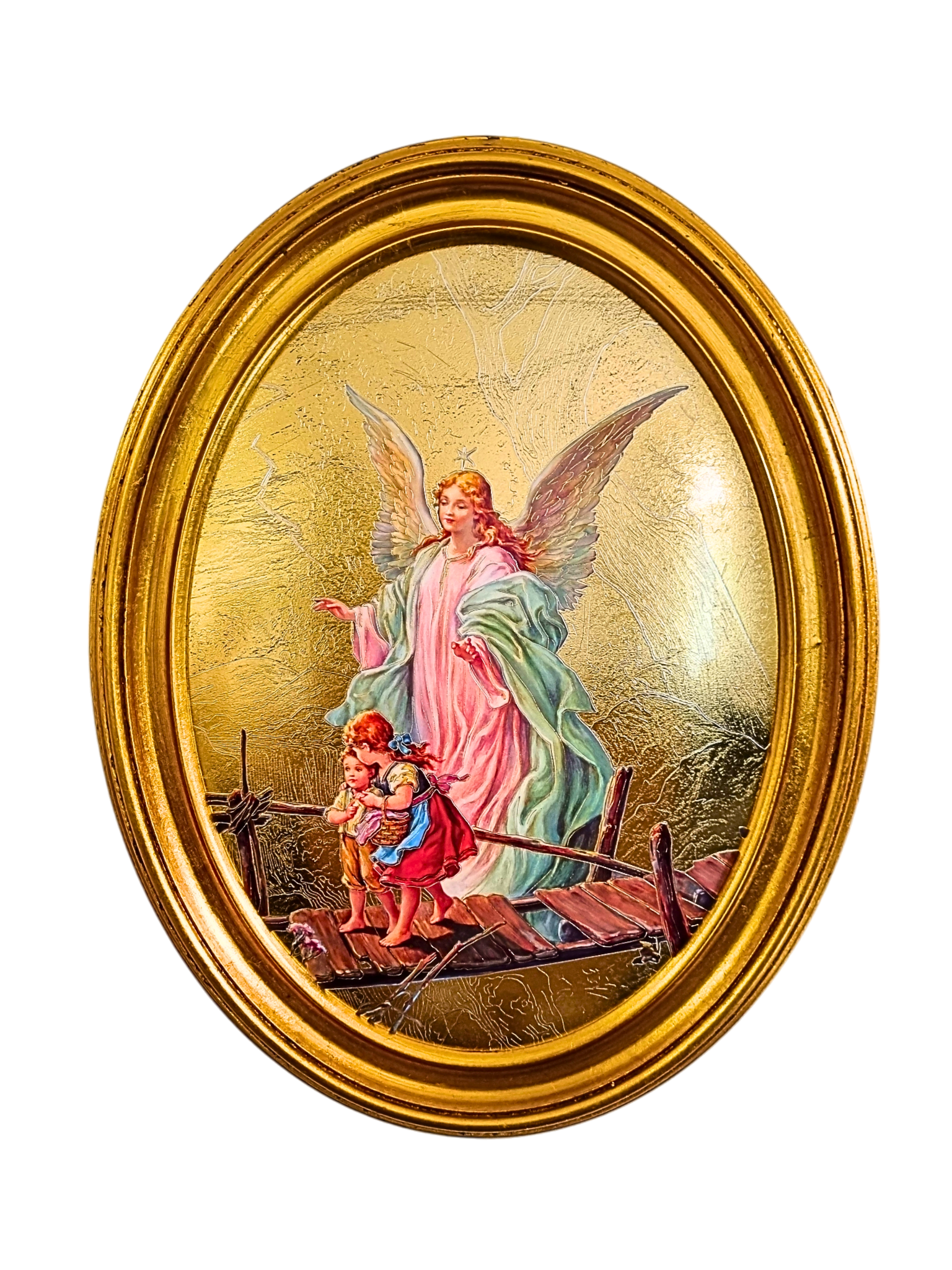 Quadro Italiano Oval com Folhas de Ouro Anjo da Guarda 36,5 x 29cm-TerraCotta Arte Sacra