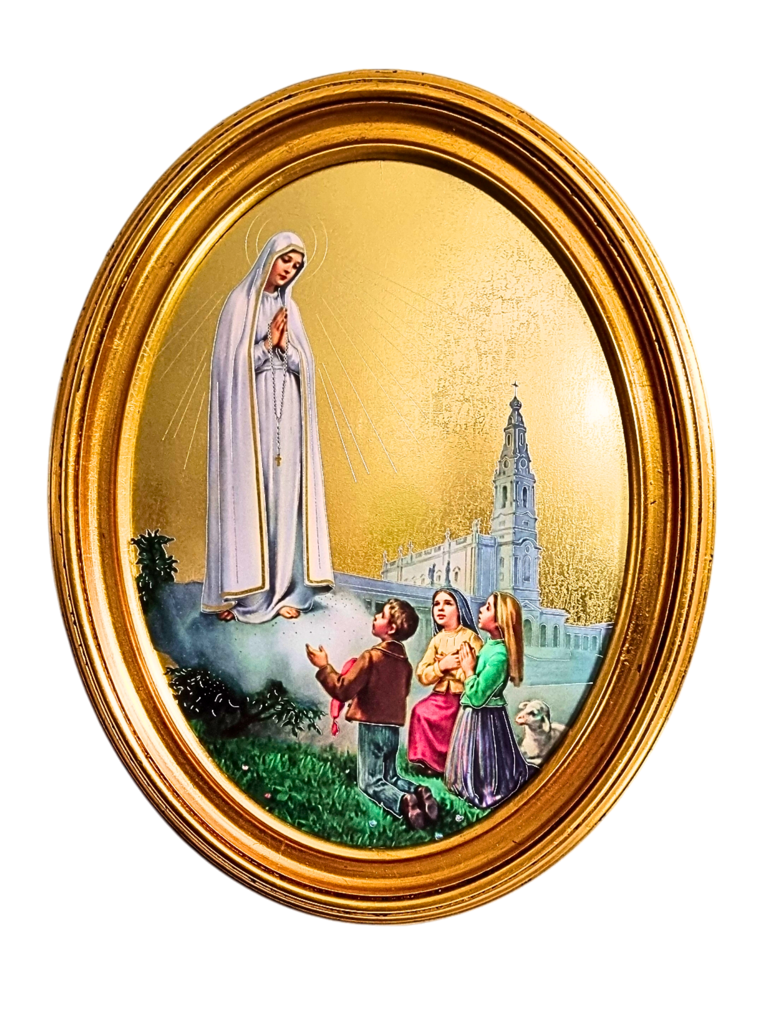 Quadro Italiano Oval com Folhas de Ouro Nossa Senhora de Fátima 36,5 x 29cm-TerraCotta Arte Sacra