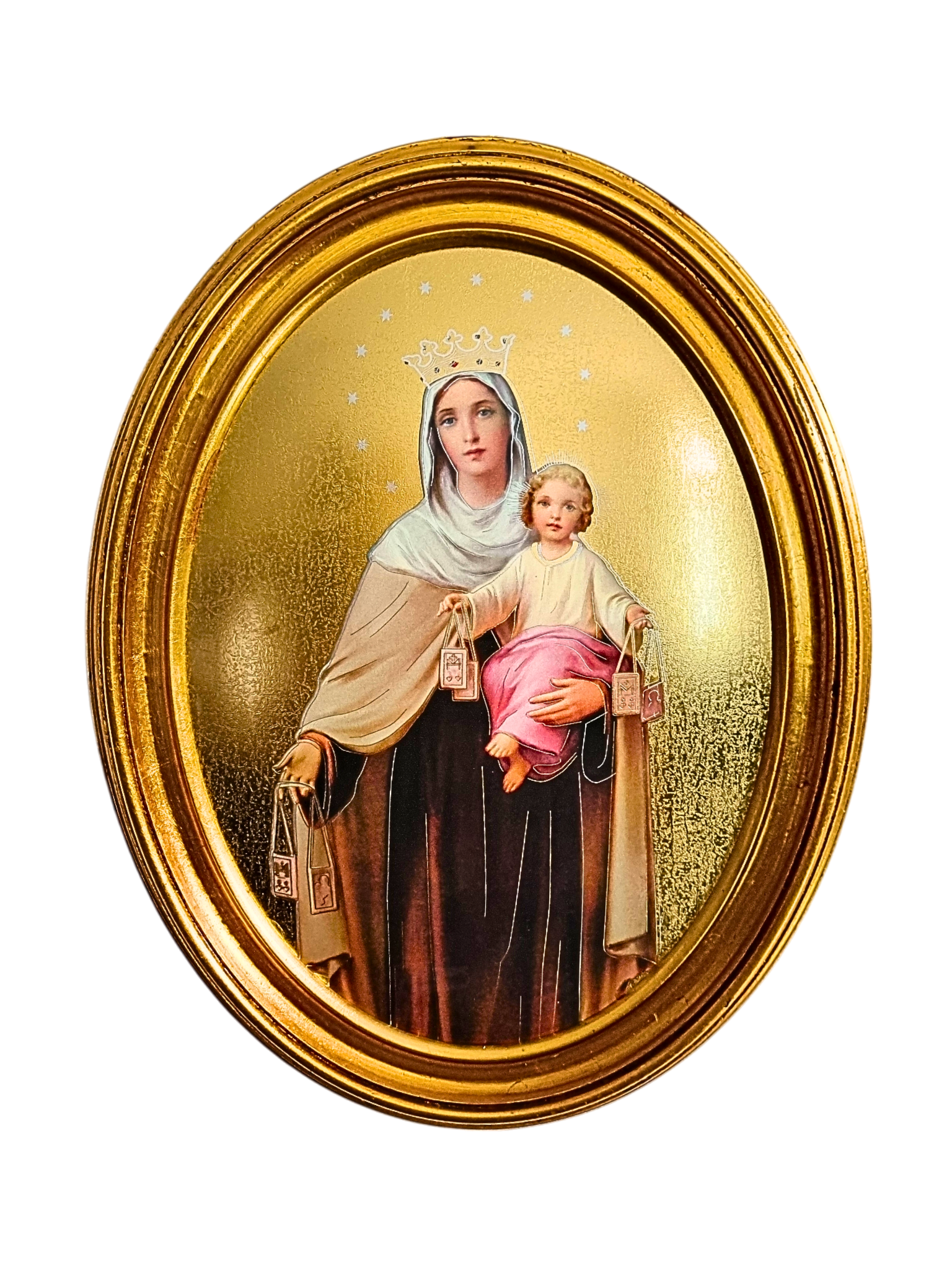 Quadro Italiano Oval com Folhas de Ouro Nossa Senhora do Carmo 36,5 x 29cm-TerraCotta Arte Sacra