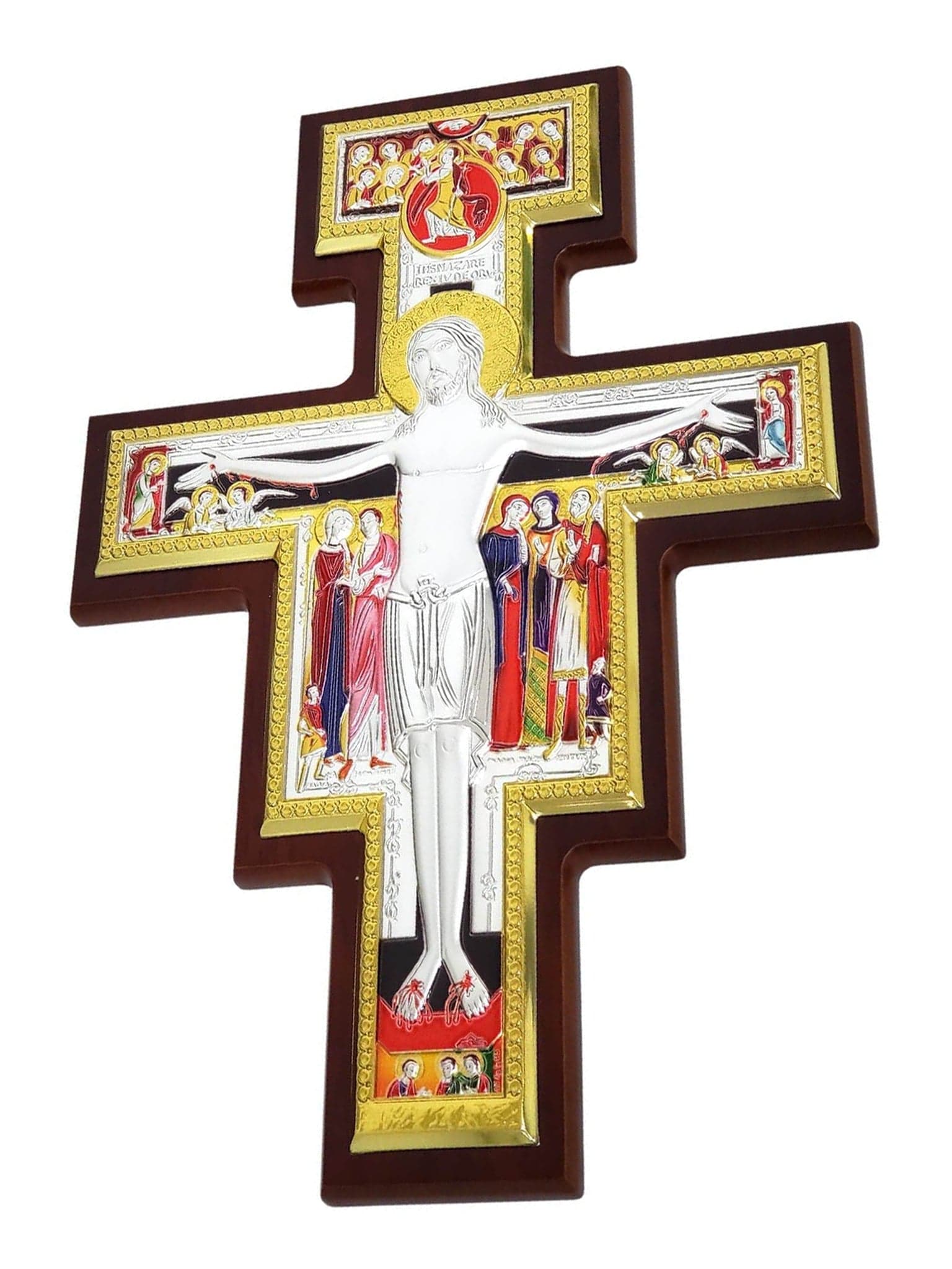 Cruz de São Damião Italiana de Prata Esmaltada com Madeira-TerraCotta Arte Sacra