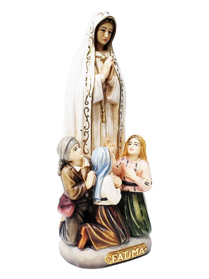 Imagem de Nossa Senhora de Fátima com os 3 Pastorzinhos em Madeira Italiana 21 cm-TerraCotta Arte Sacra